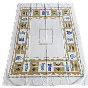 Vintage Mid Century Cotton Tablecloth Colonial Motif Blue & Tan 40" X 50" Flaw